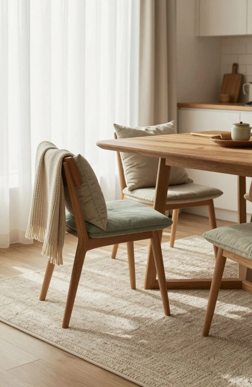 Cozy kitchen corner with soft textures and warm light inviting relaxation