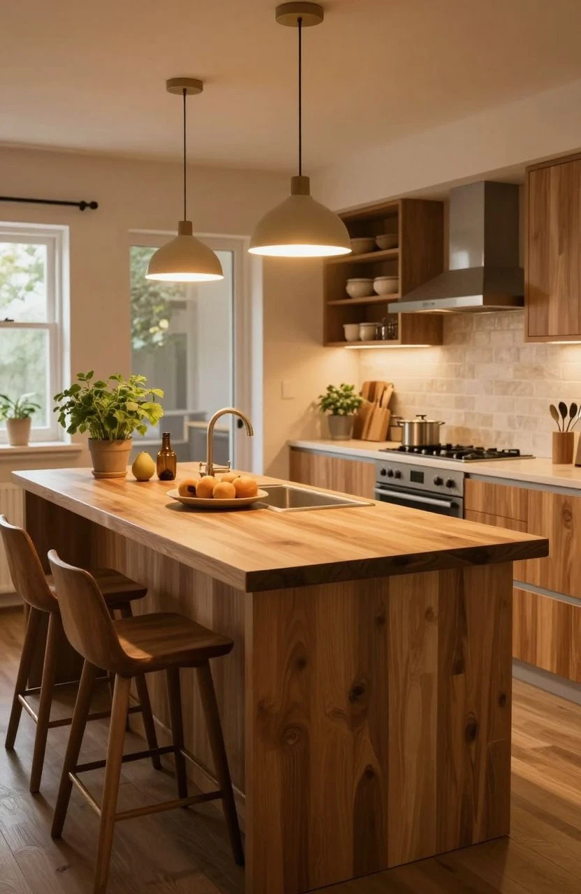 Multi-functional kitchen island with warm lighting creating an inviting space