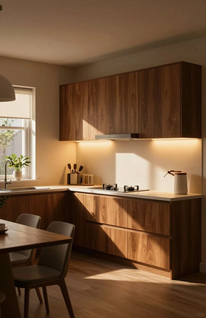 Cozy kitchen with innovative smart lighting creating a warm atmosphere