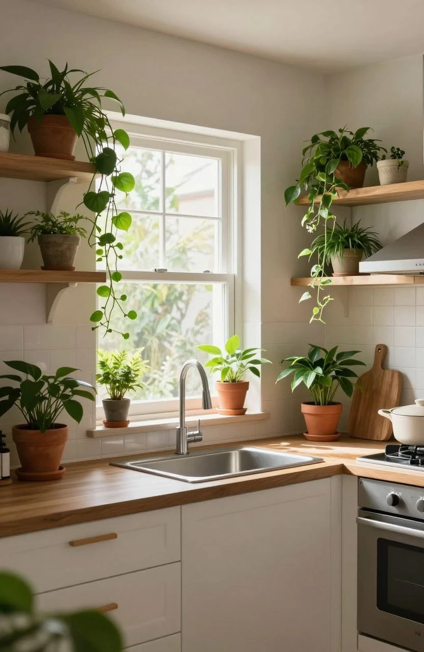 Cozy kitchen filled with indoor plants creating a refreshing atmosphere