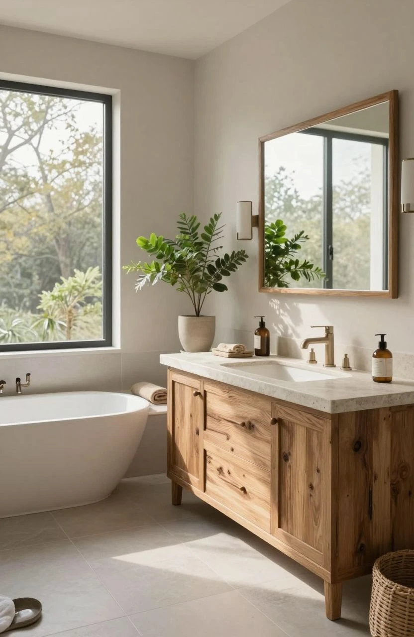 Modern bathroom design with natural materials and soft lighting