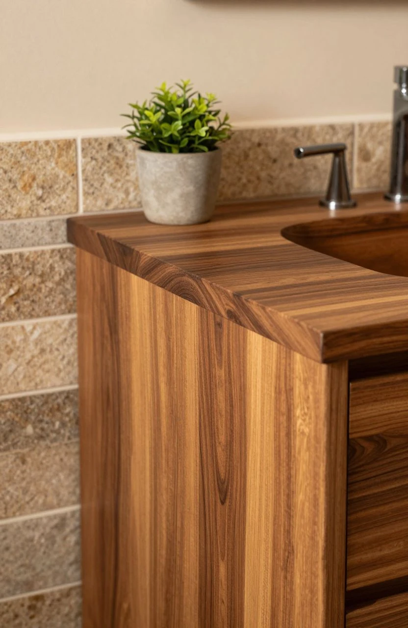 Teak wood vanity with stone tiles in warm light