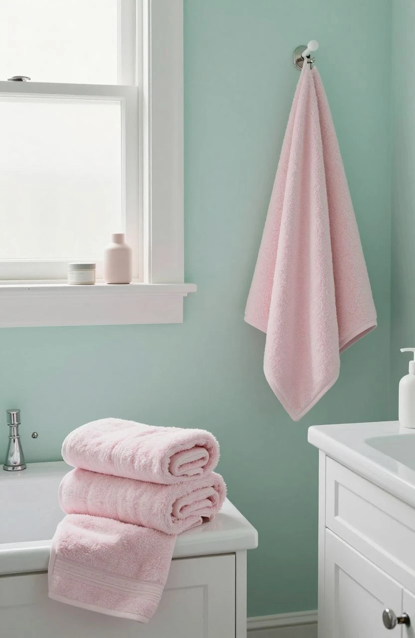 Pastel bathroom design with mint green and soft pink accents