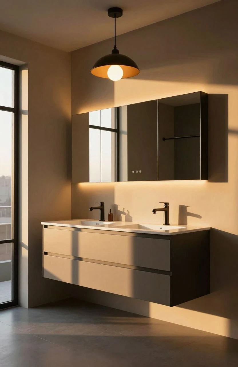 Innovative bathroom lighting with LED strips and pendant lights