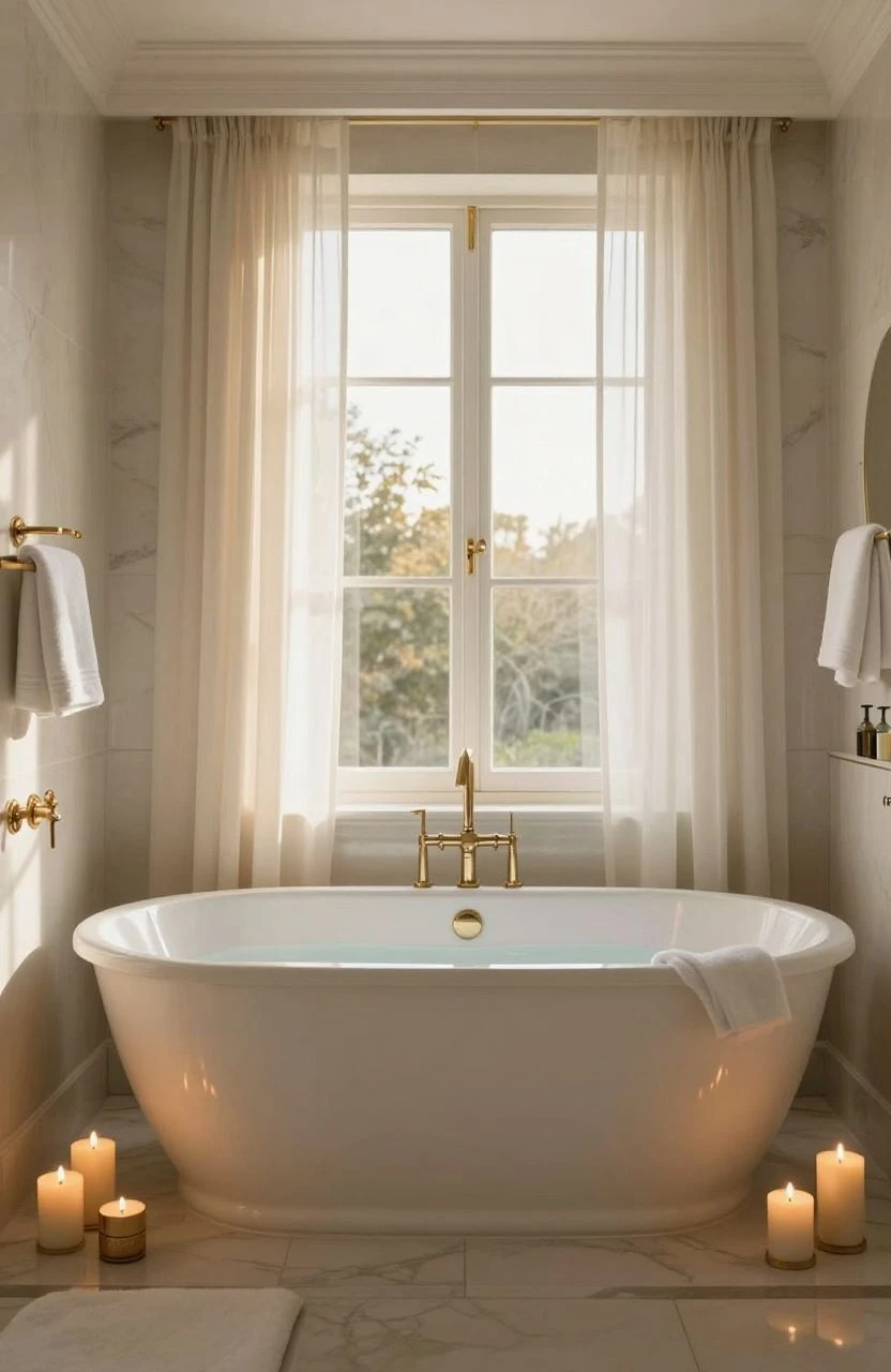 Luxurious master bathroom with freestanding tub and warm light