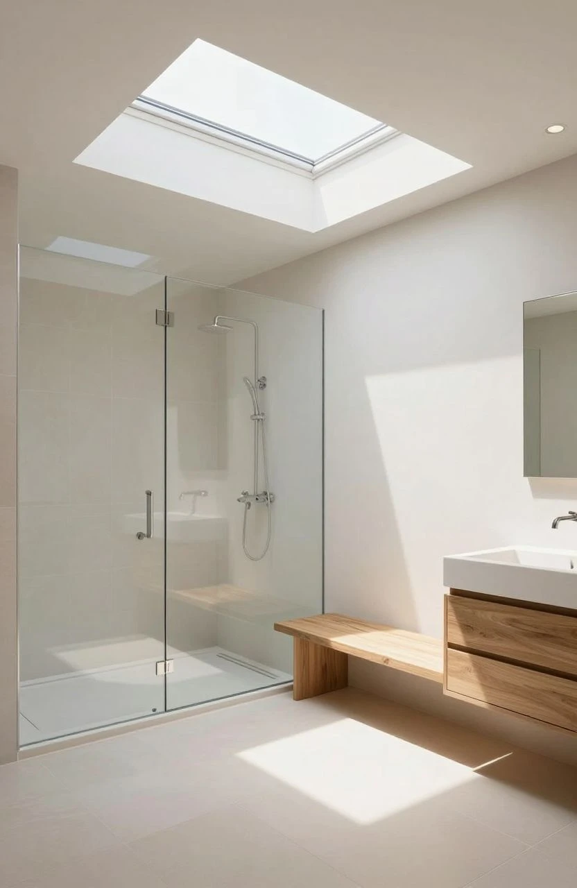 Bright master bathroom with skylight and glass shower