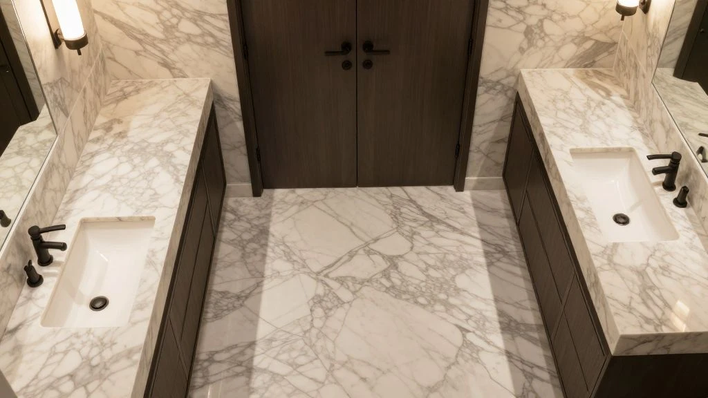 Luxurious bathroom with marble finishes and matte black fixtures