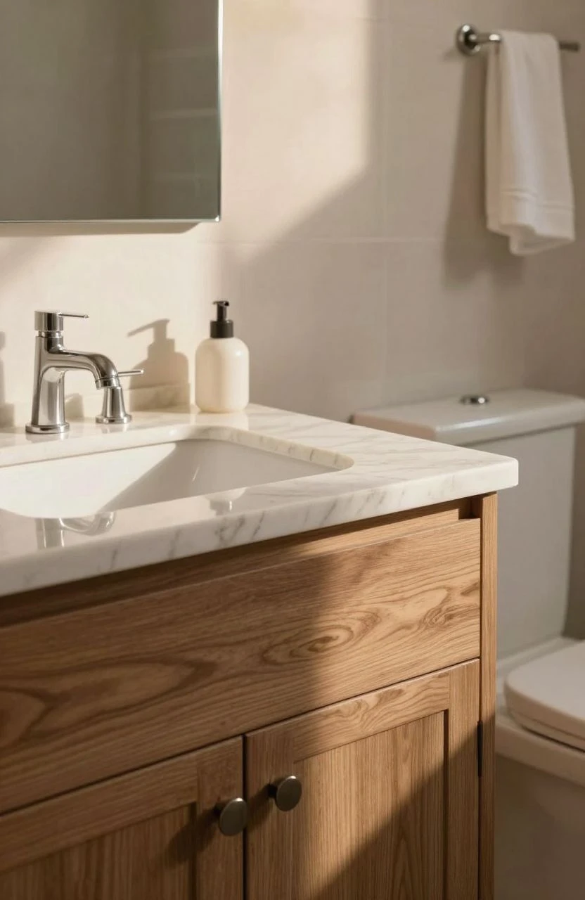 Stylish bathroom with wooden vanity and quartz countertop