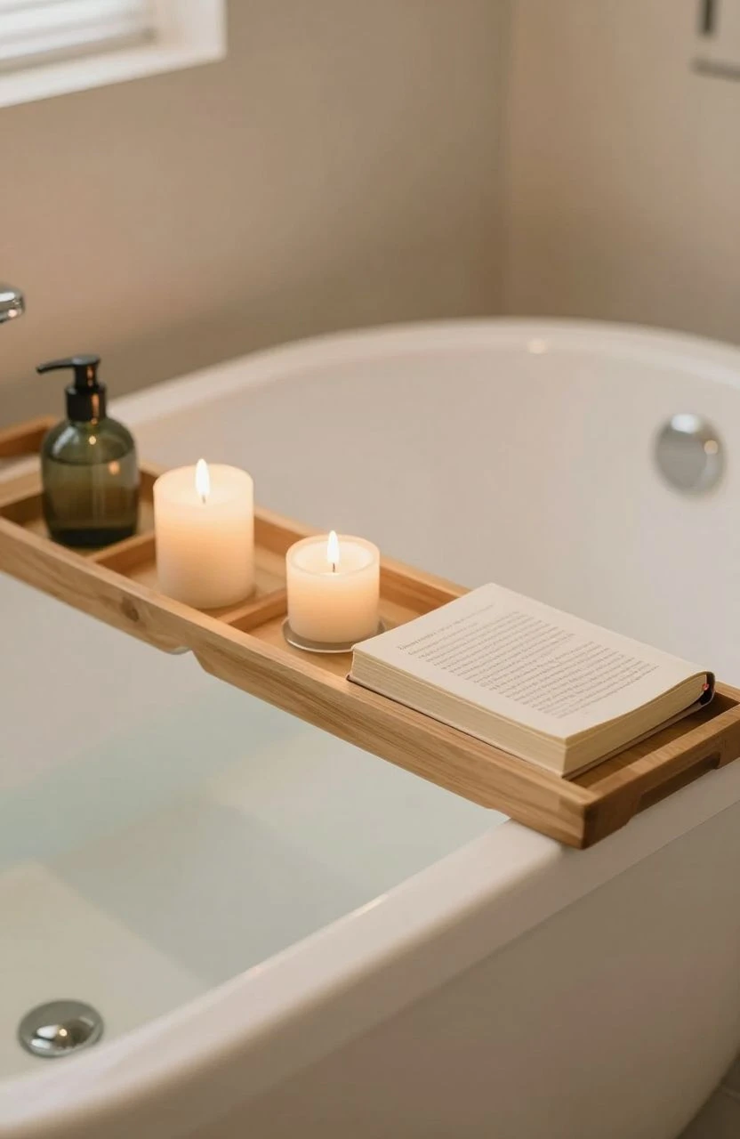 Cozy bathroom setup with bath tray and candles for relaxation