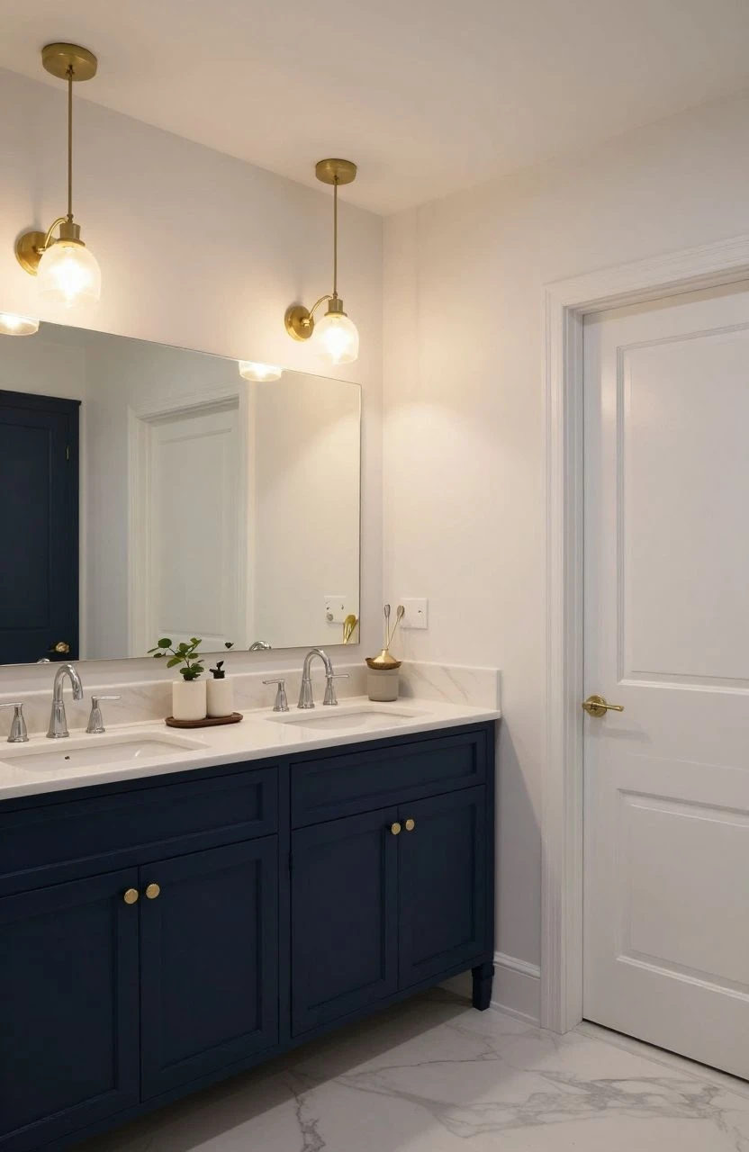 Elegant bathroom with navy accents and warm lighting