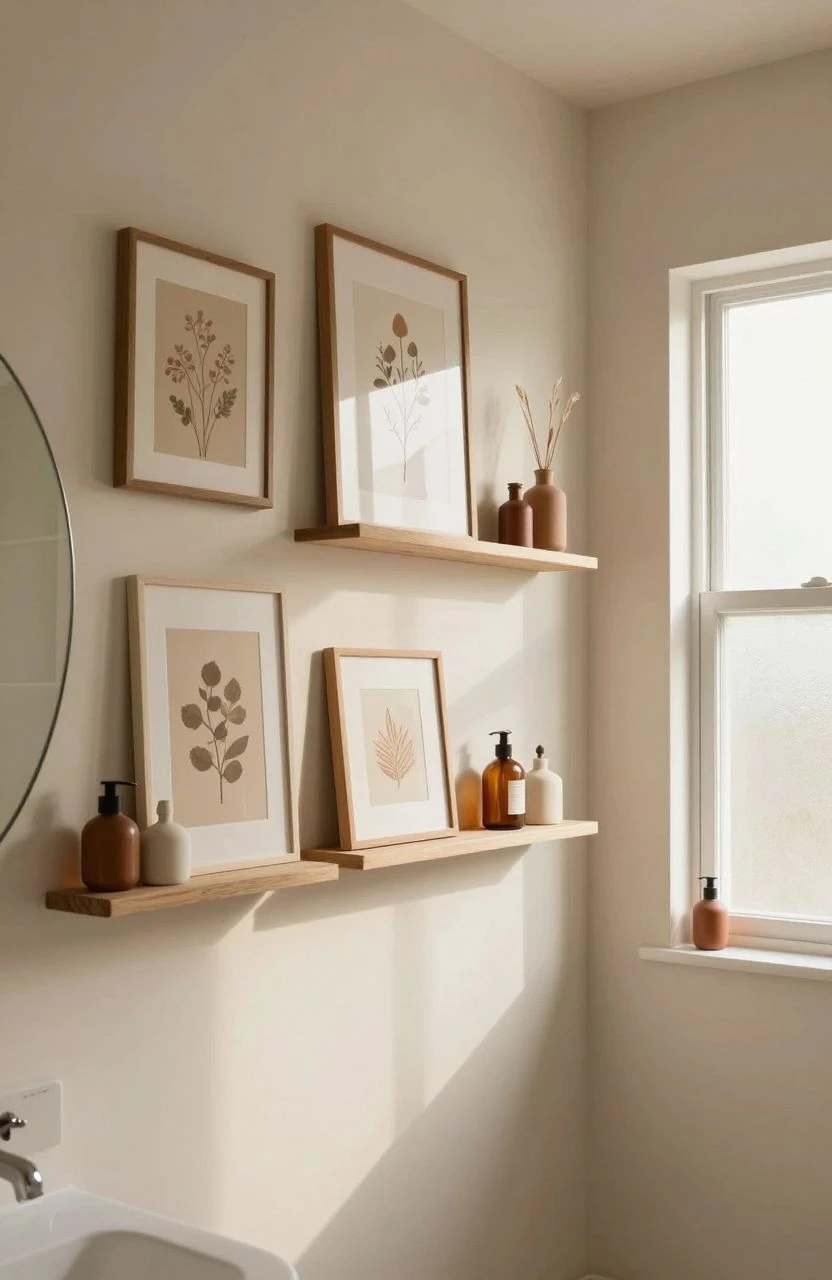 A cozy bathroom with nature-inspired wall decor and minimalist shelving