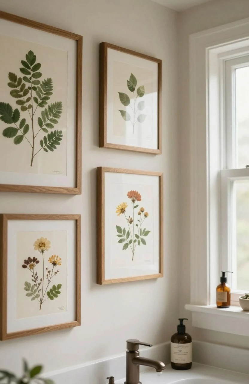 A bathroom wall decorated with nature-inspired art and botanical prints