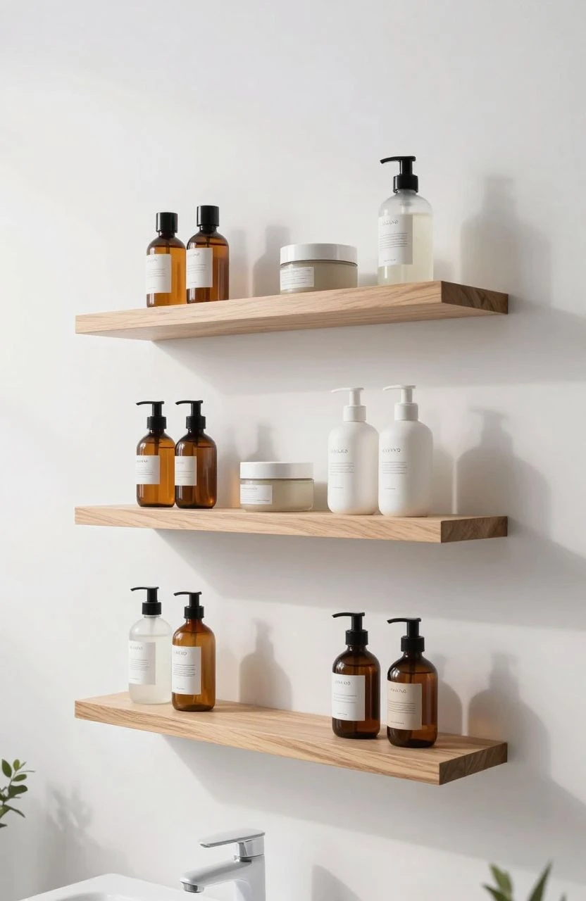 Minimalist floating shelves in a modern bathroom displaying toiletries