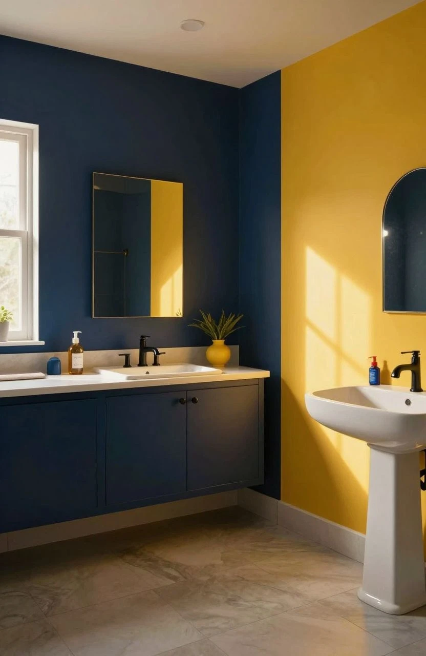 A bathroom with bold color accents and a warm atmosphere