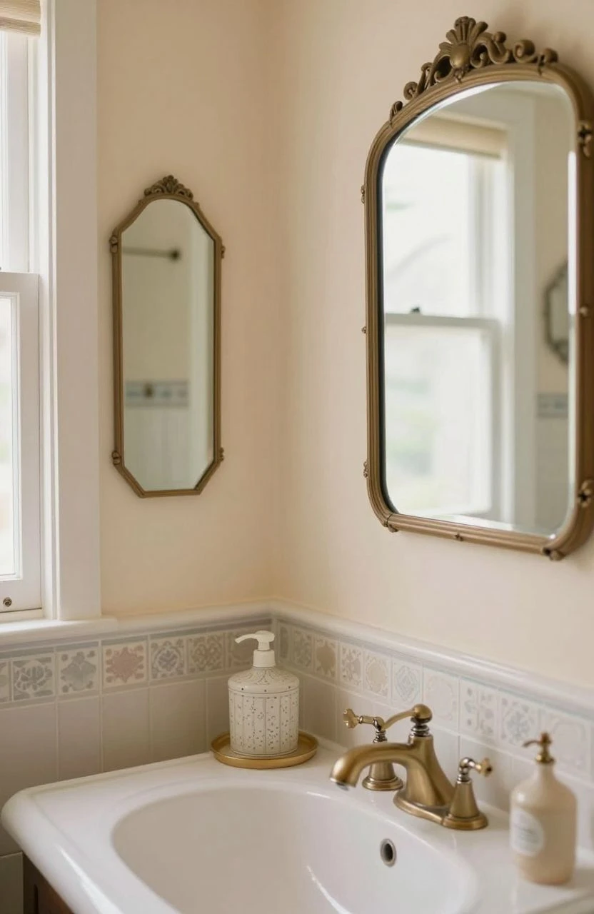 A vintage-inspired bathroom with retro decor elements and warm tones