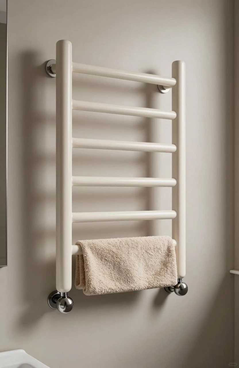 A bathroom showcasing artistic towel racks and functional decor