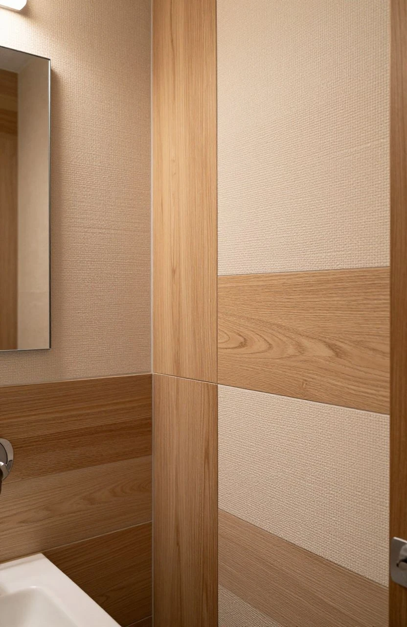 A bathroom wall with textured treatments and warm decor