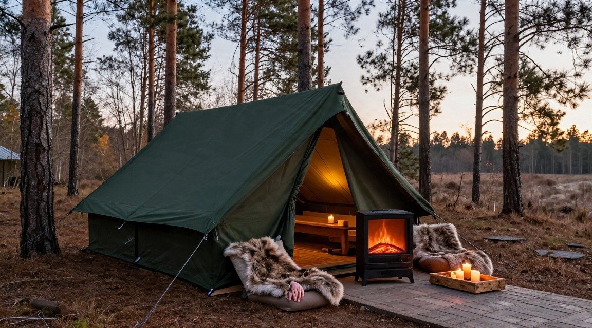 Dark‑green timber tent with faux‑fur throws, candlelight, electric fireplace, pine‑scented candles on reclaimed wood, stone…