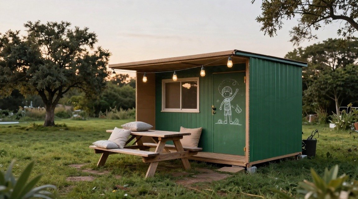 A cardboard cabin with a chalkboard wall, cushions and solar lanterns in a backyard at twilight.