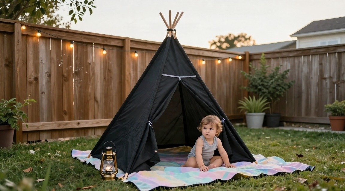 Toddler’s glow‑in‑the‑dark teepee tent anchored to a garden fence in a backyard at golden hour, with string lights and a pic…