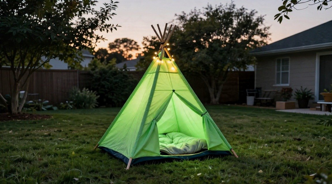 Glow‑in‑the‑dark teepee on a backyard lawn with neon green fabric, sleeping bag, LED lights, garden stakes.