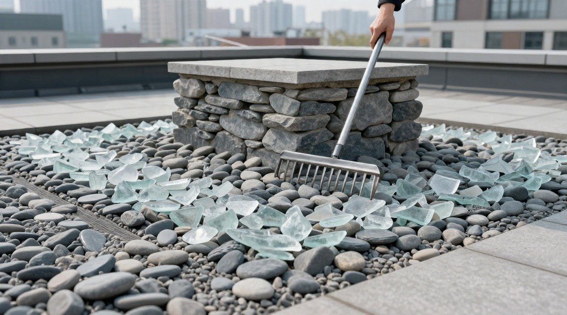 Grey stone rooftop with frosted glass shards, steel rake against wall, misty overcast morning