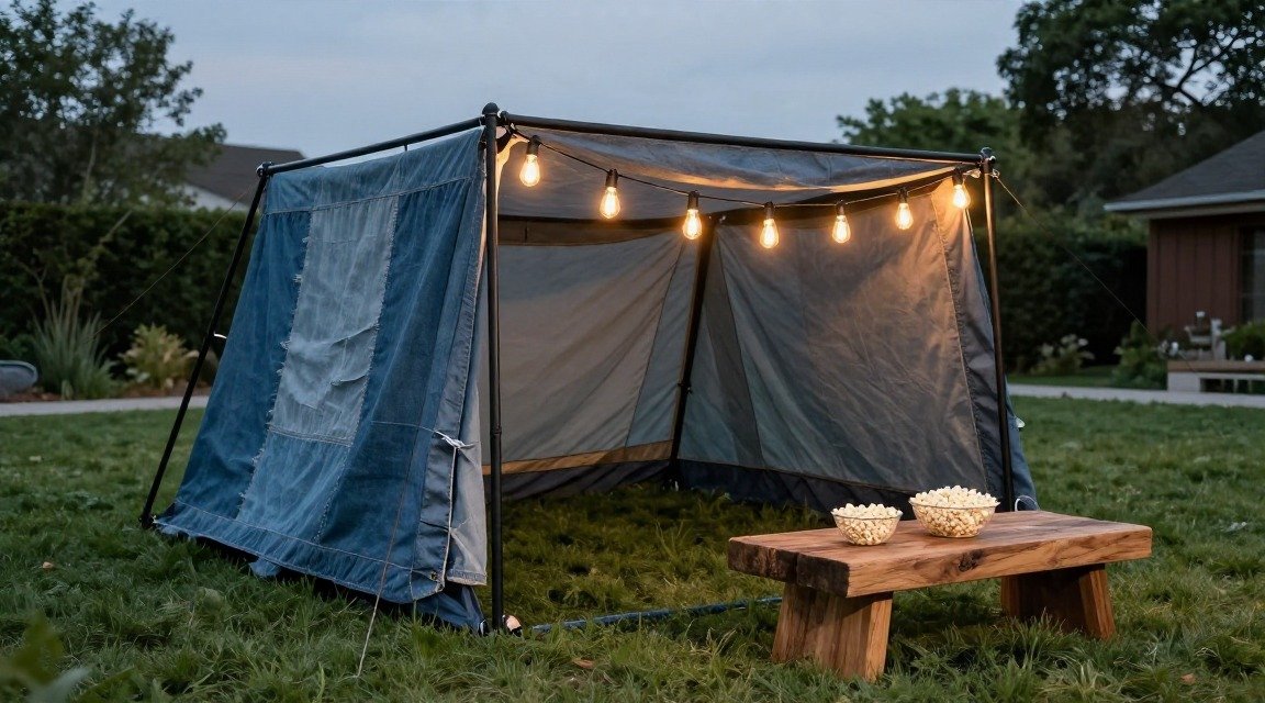 Industrial‑chic pop‑up tent with Edison bulbs on a backyard lawn, reclaimed denim walls, and a wooden coffee table with popc…
