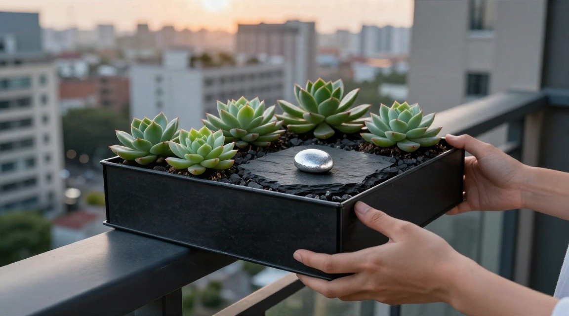 Midnight charcoal box garden on balcony with slate, silver pebble, succulents