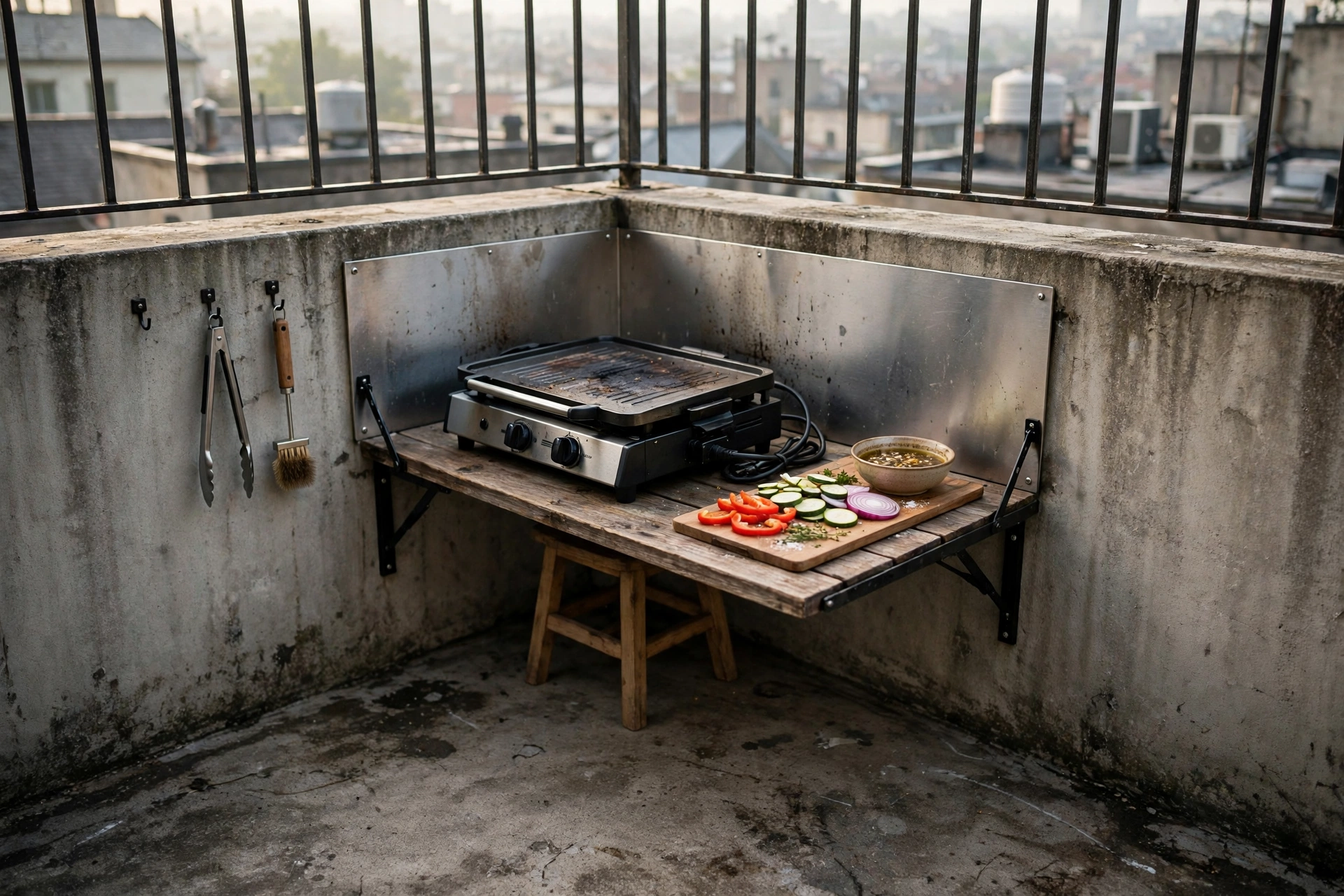 Minimalist Charcoal Nook with Black Slate Tiles – Rooftop BBQ Area Ideas: 9 Grill Stations Built for Small Urban Roof Decks