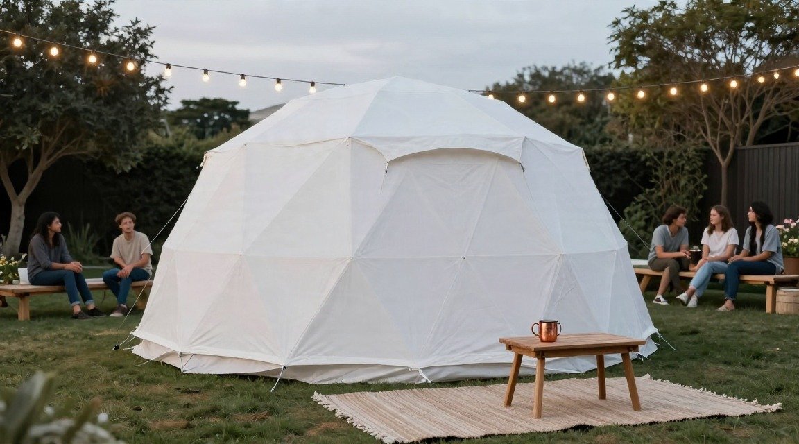Minimalist white canvas dome tent in backyard with fairy lights, neutral rug, copper mug of cocoa, friends leaning on bench…