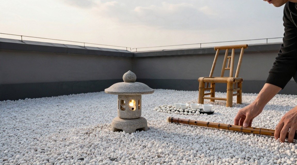 Rooftop balcony sunrise with raked white gravel, stone lantern, bamboo flute, white tea set, bamboo chair.
