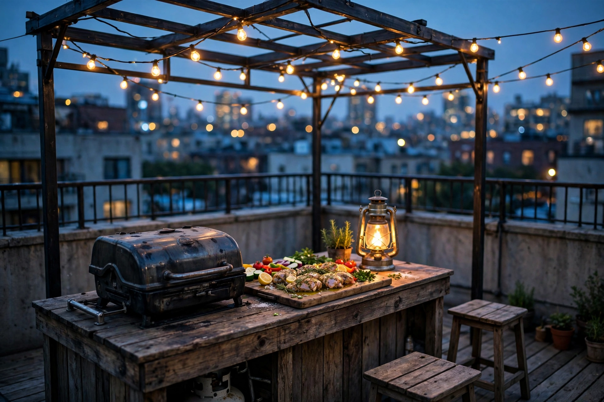 Rustic Wood‑Frame BBQ with Greenery Curtain – Rooftop BBQ Area Ideas: 9 Grill Stations Built for Small Urban Roof Decks
