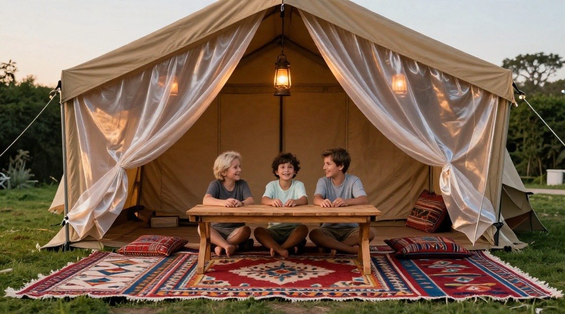 Tan canvas safari tent with silk curtains, amber lanterns, Moroccan rugs in a backyard at dusk
