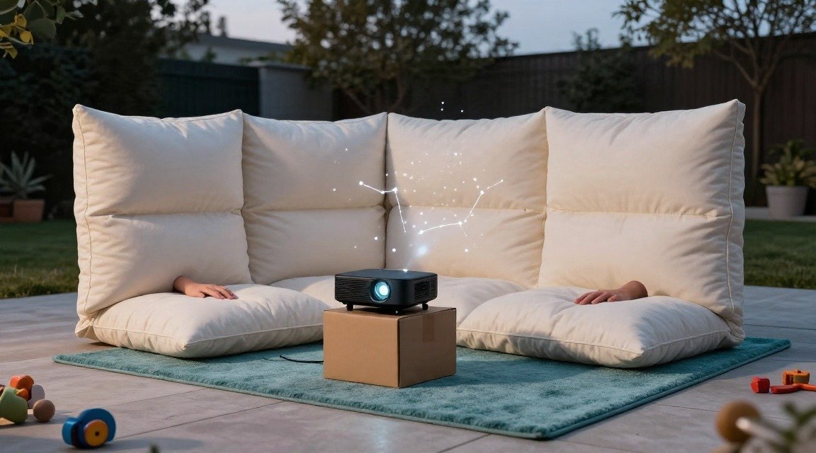 Minimalist star‑projector pillow fort on a patio deck with soft teal rug and black projector casting constellations.