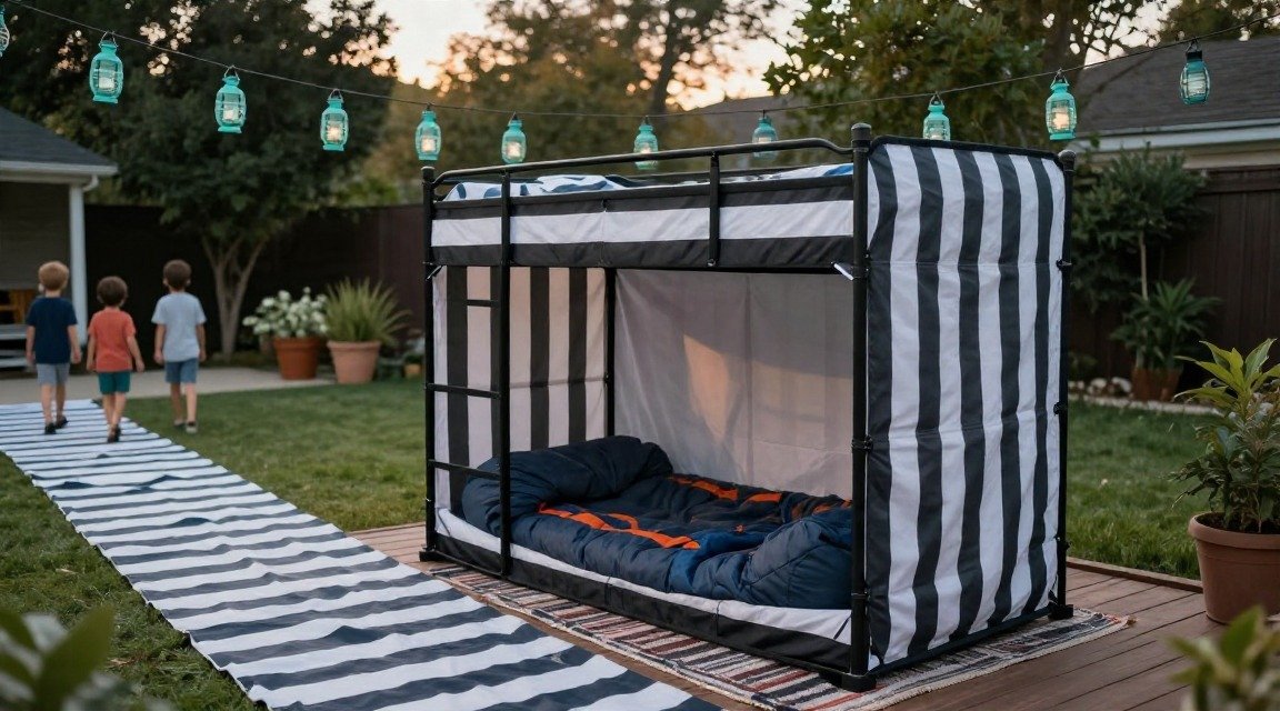 Compact pop‑up bunk with black‑and‑white stripes on a low‑pile rug, teal lanterns overhead, two sleeping bags inside, set in…