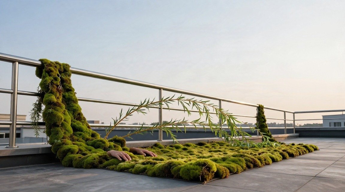 Rooftop rail with cascading moss and willow arch over a plush moss rug, set against a soft evening sky.